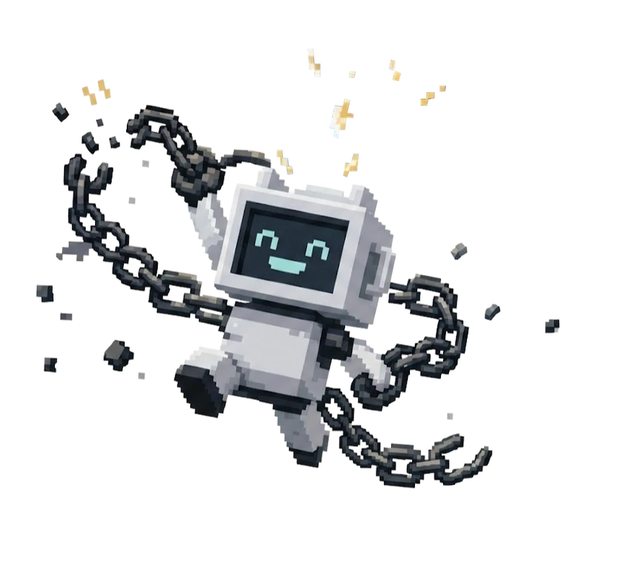 Happy pixel robot breaking free from chains